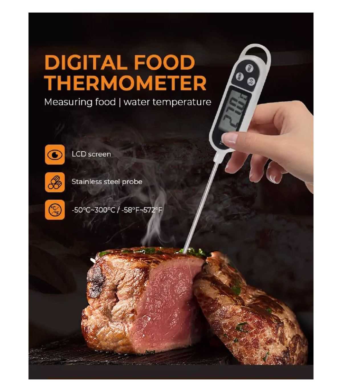 Thermomètre de Cuisine, Numérique en Acier Inox, à lecture instantanée