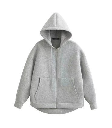 HH automne femmes gris veste avec capuche à manches longues grande poche veste à glissière mant