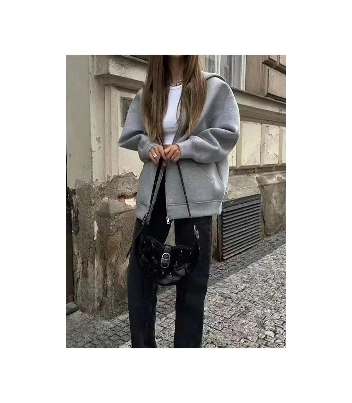 HH automne femmes gris veste avec capuche à manches longues grande poche veste à glissière mant