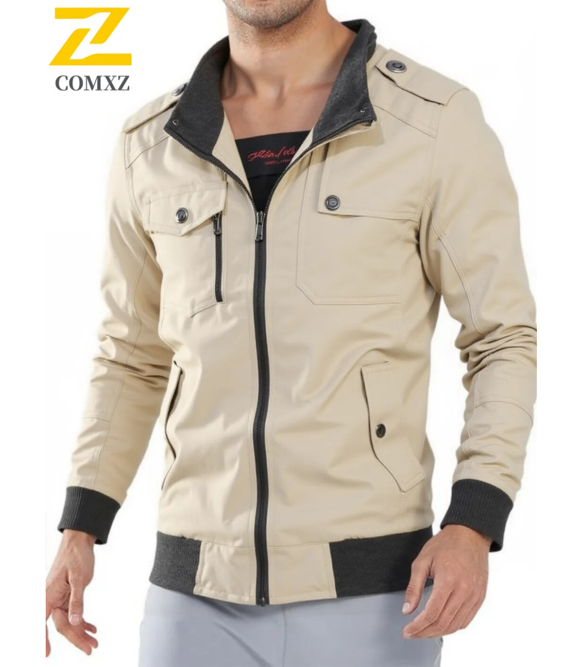 Veste d\'automne légère en coton pour hommes, couleur unie, fermeture éclair complète, grande ta