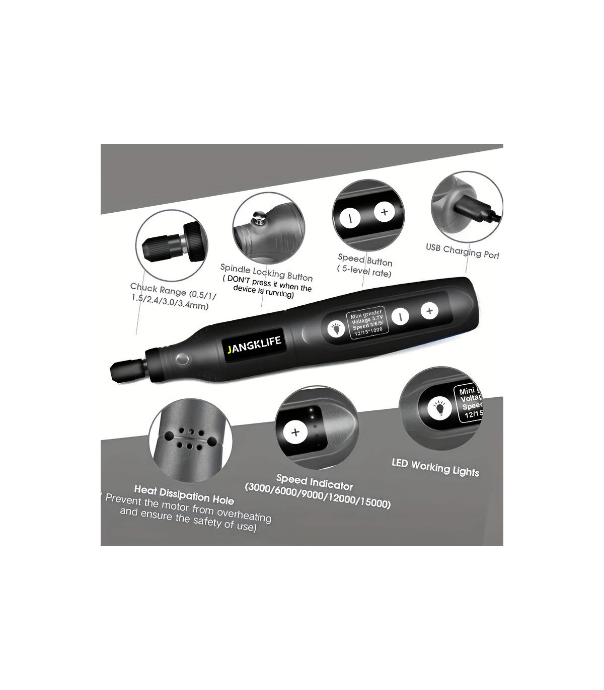 [Blue-24pcs] JANGKLIFE USB Kit d\'outils rotatifs sans fil stylo de gravure sur bois bricolage p