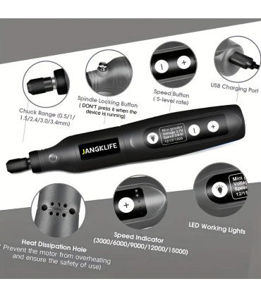 [Black-24pcs] JANGKLIFE USB Kit d\'outils rotatifs sans fil stylo de gravure sur bois bricolage 
