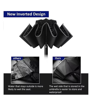 [Black] Parapluie pliant inversé entièrement automatique pour hommes et femmes, avec bande réfl