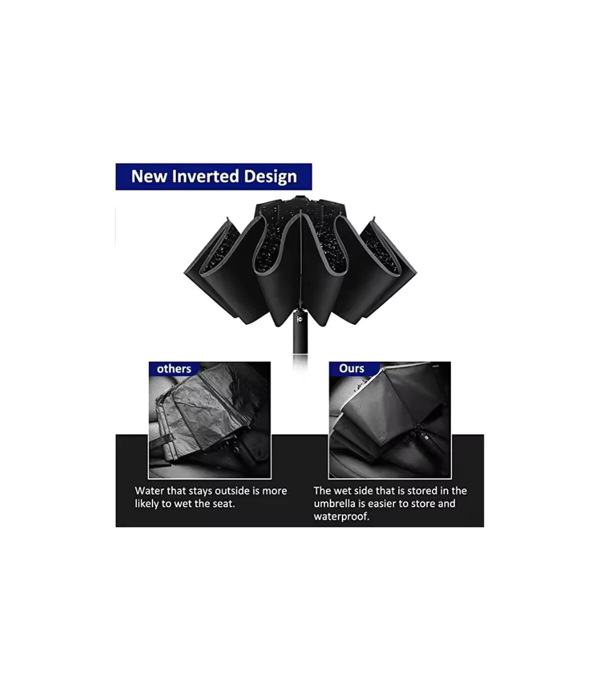 [Blue] Parapluie pliant inversé entièrement automatique pour hommes et femmes, avec bande réflé