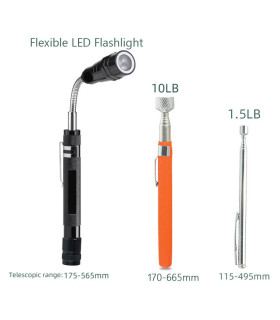 [3Pcs] Ensemble d\'outils de ramassage magnétique télescopique, miroir d\'inspection, lampe de po