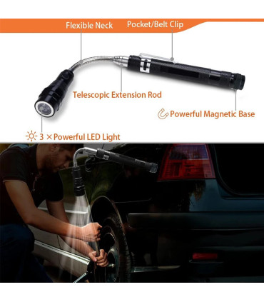 [3Pcs] Ensemble d\'outils de ramassage magnétique télescopique, miroir d\'inspection, lampe de po