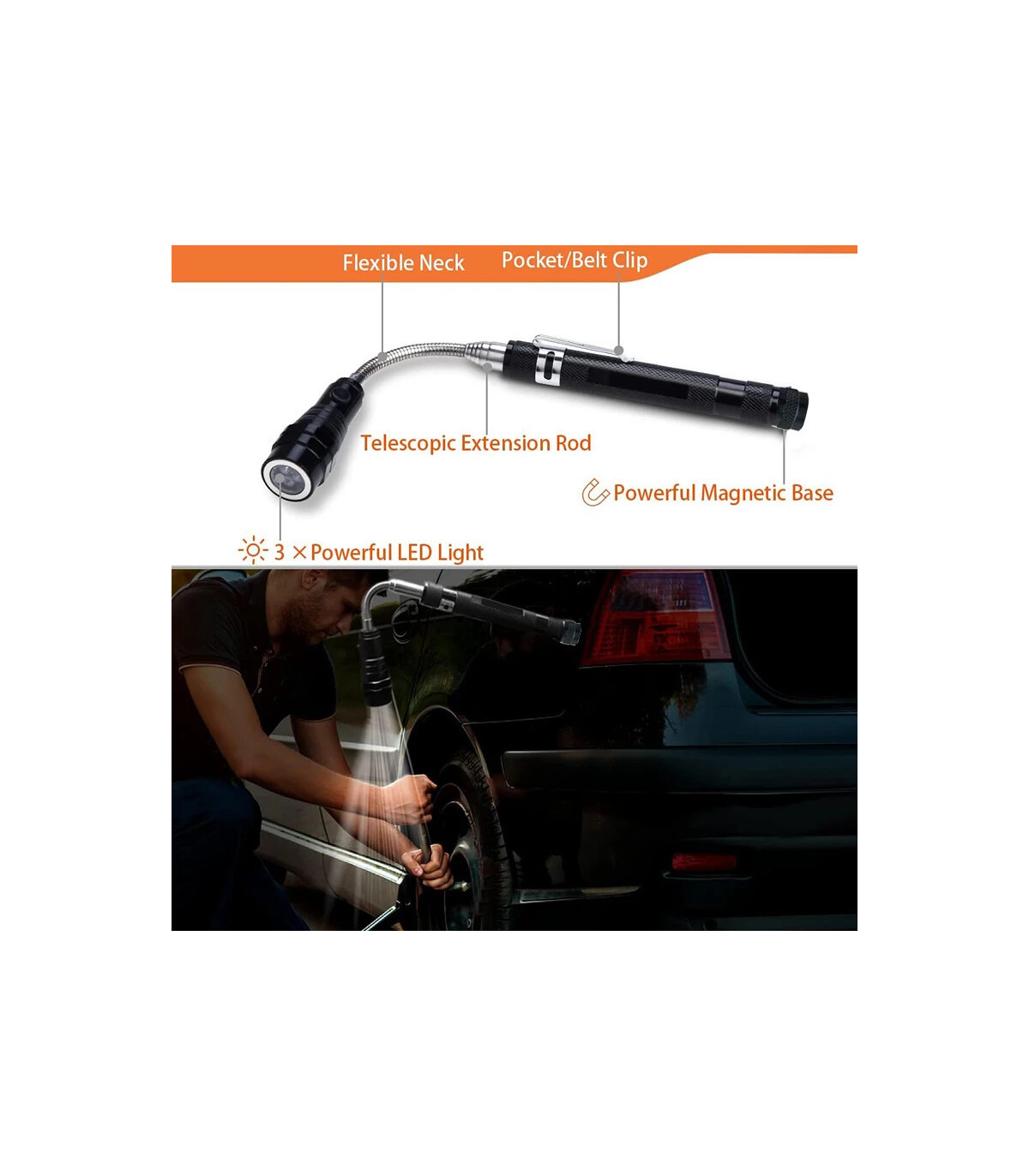 [3Pcs] Ensemble d\'outils de ramassage magnétique télescopique, miroir d\'inspection, lampe de po