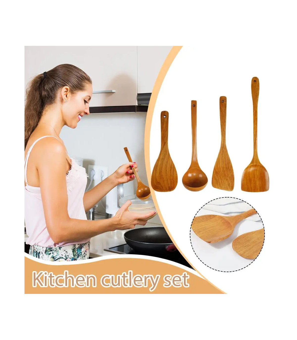 [4pcs] Ensemble d\'ustensiles de cuisine en bois, cuillères en bois pour la cuisine, ustensiles,