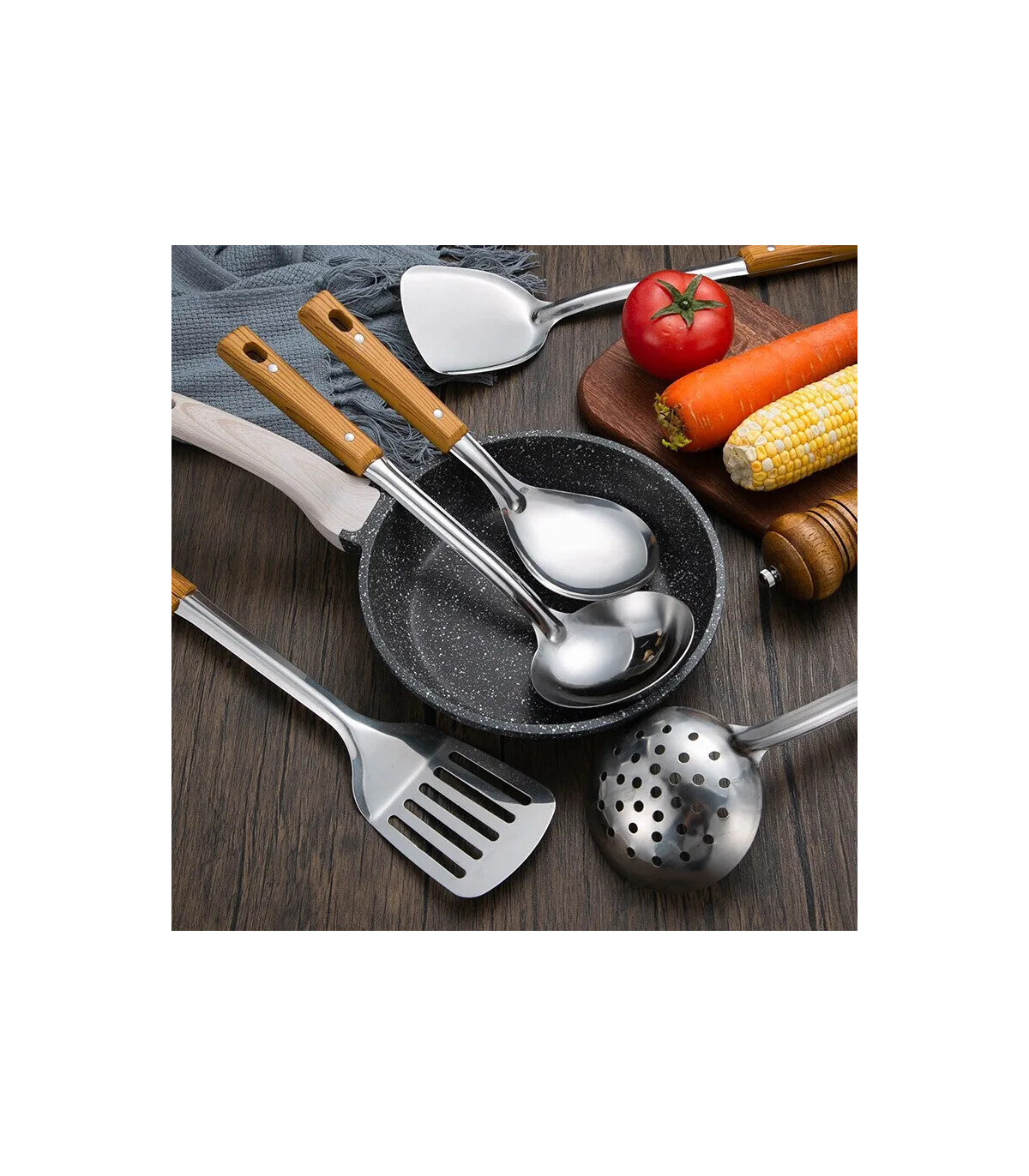 [Spoon] Spatule à manche en Imitation de Grain de bois en acier inoxydable, pelle qui fuit, cui