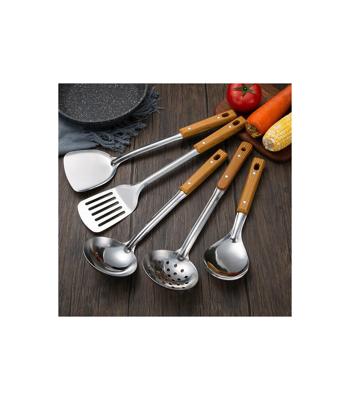 [Spoon] Spatule à manche en Imitation de Grain de bois en acier inoxydable, pelle qui fuit, cui