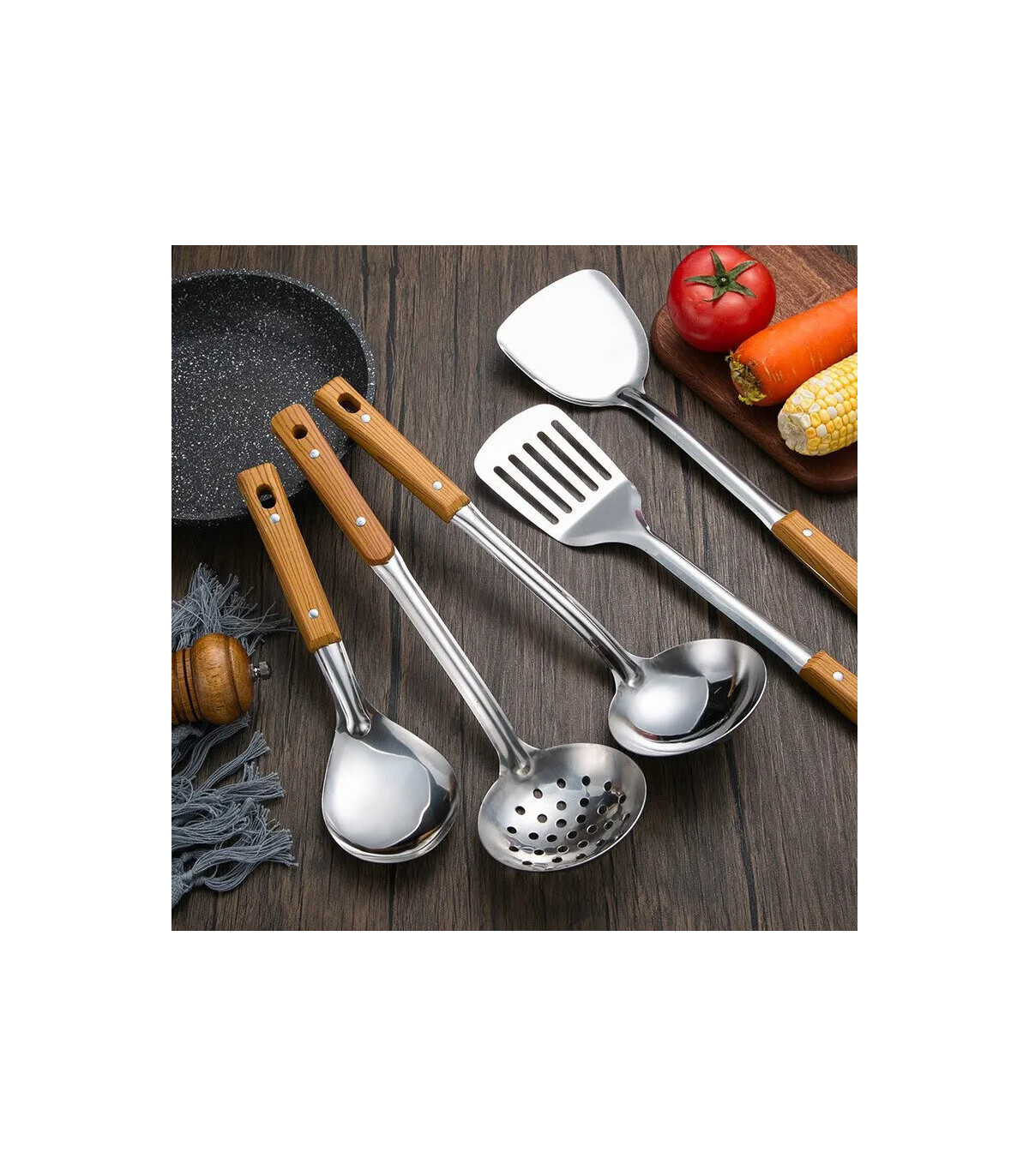 [Spatula] Spatule à manche en Imitation de Grain de bois en acier inoxydable, pelle qui fuit, c
