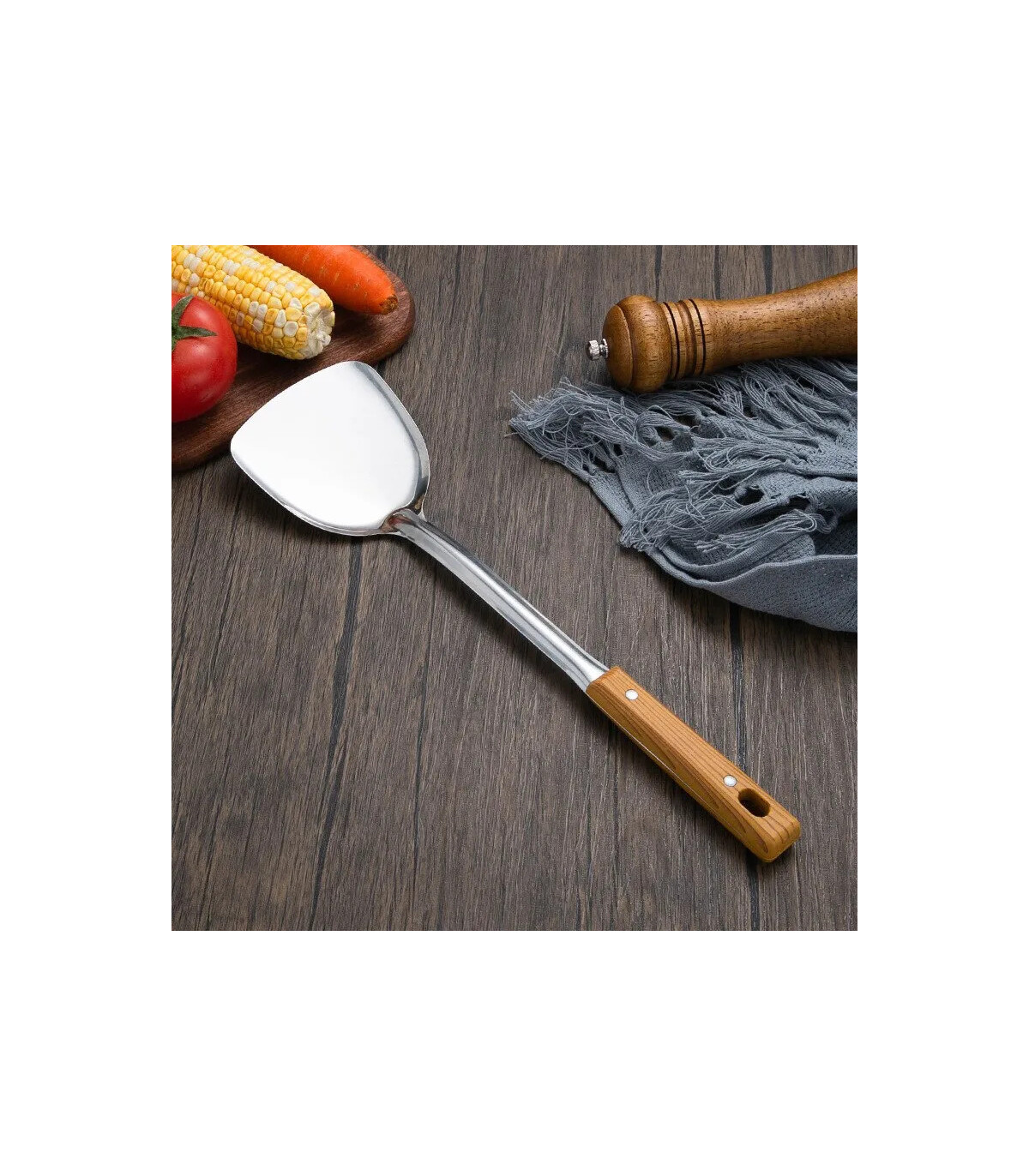 [Rice spoon] Spatule à manche en Imitation de Grain de bois en acier inoxydable, pelle qui fuit