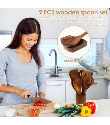 [Wood no Holder B] Ensemble d\'ustensiles en bois, ensemble d\'ustensiles de cuisine, Kit d\'usten