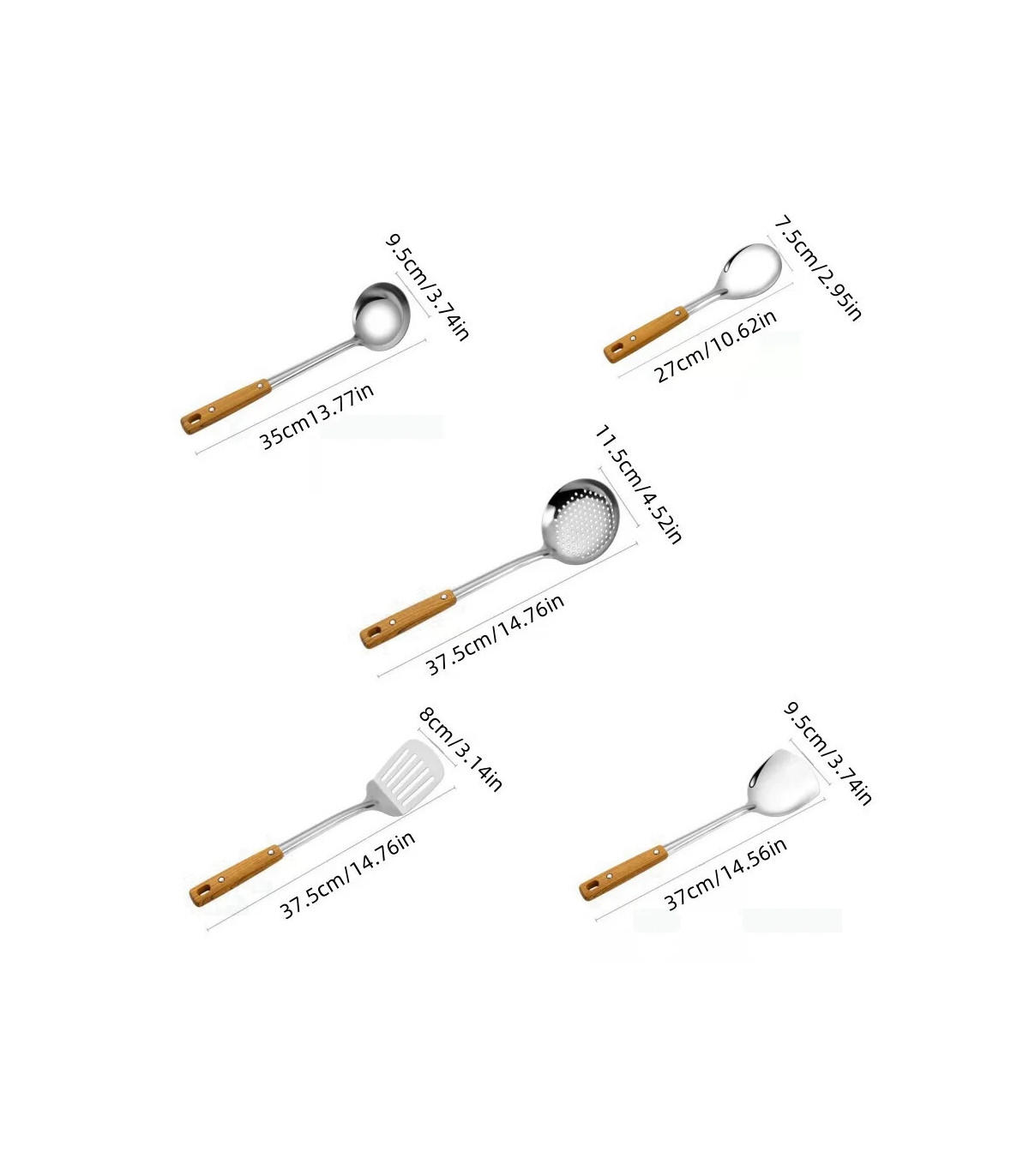 [5pcs] Ensemble de spatule de cuisine en acier inoxydable, manche brûlant, cuillère, passoire, 