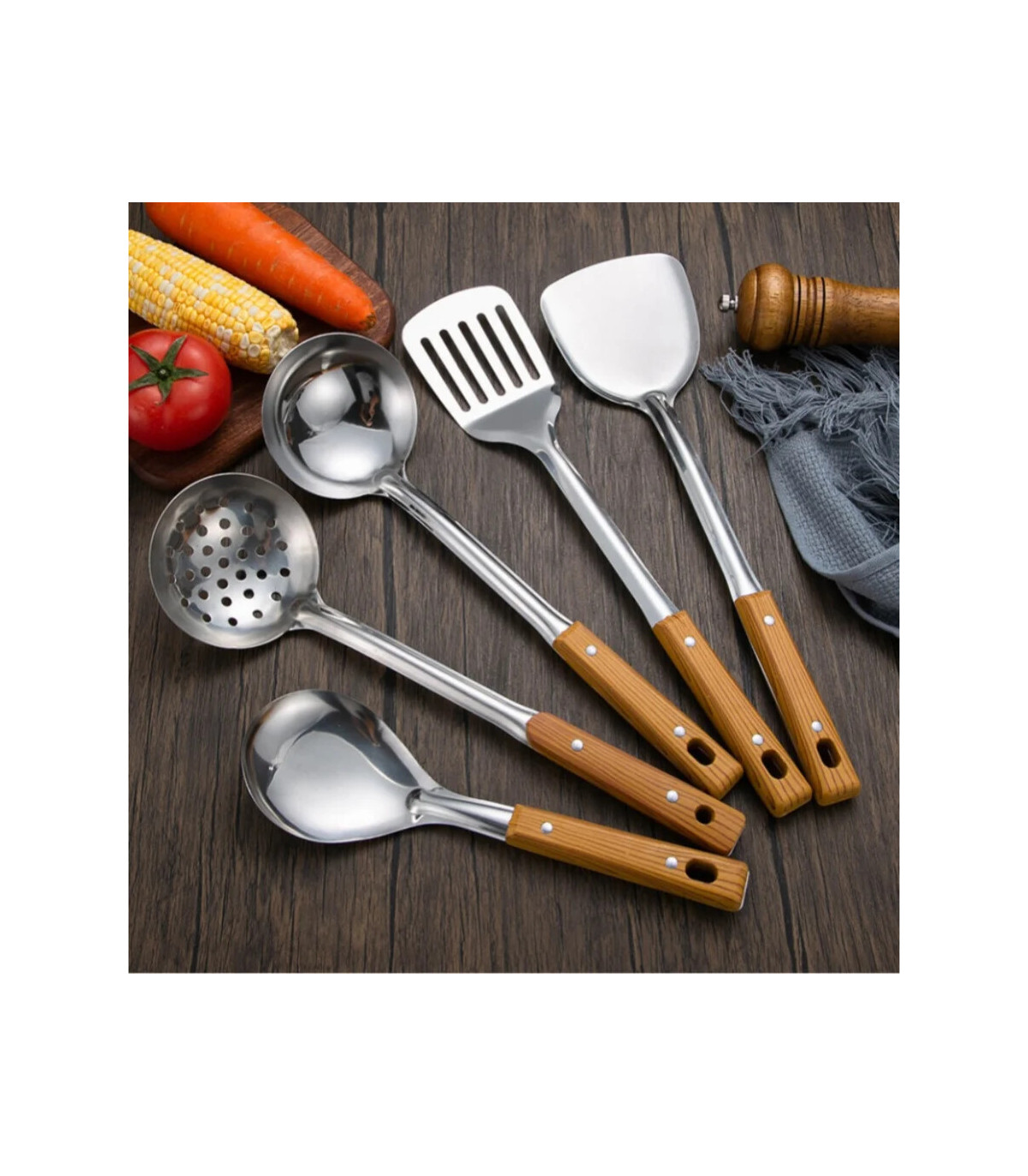 [Spoon] Ensemble de spatule de cuisine en acier inoxydable, manche brûlant, cuillère, passoire,