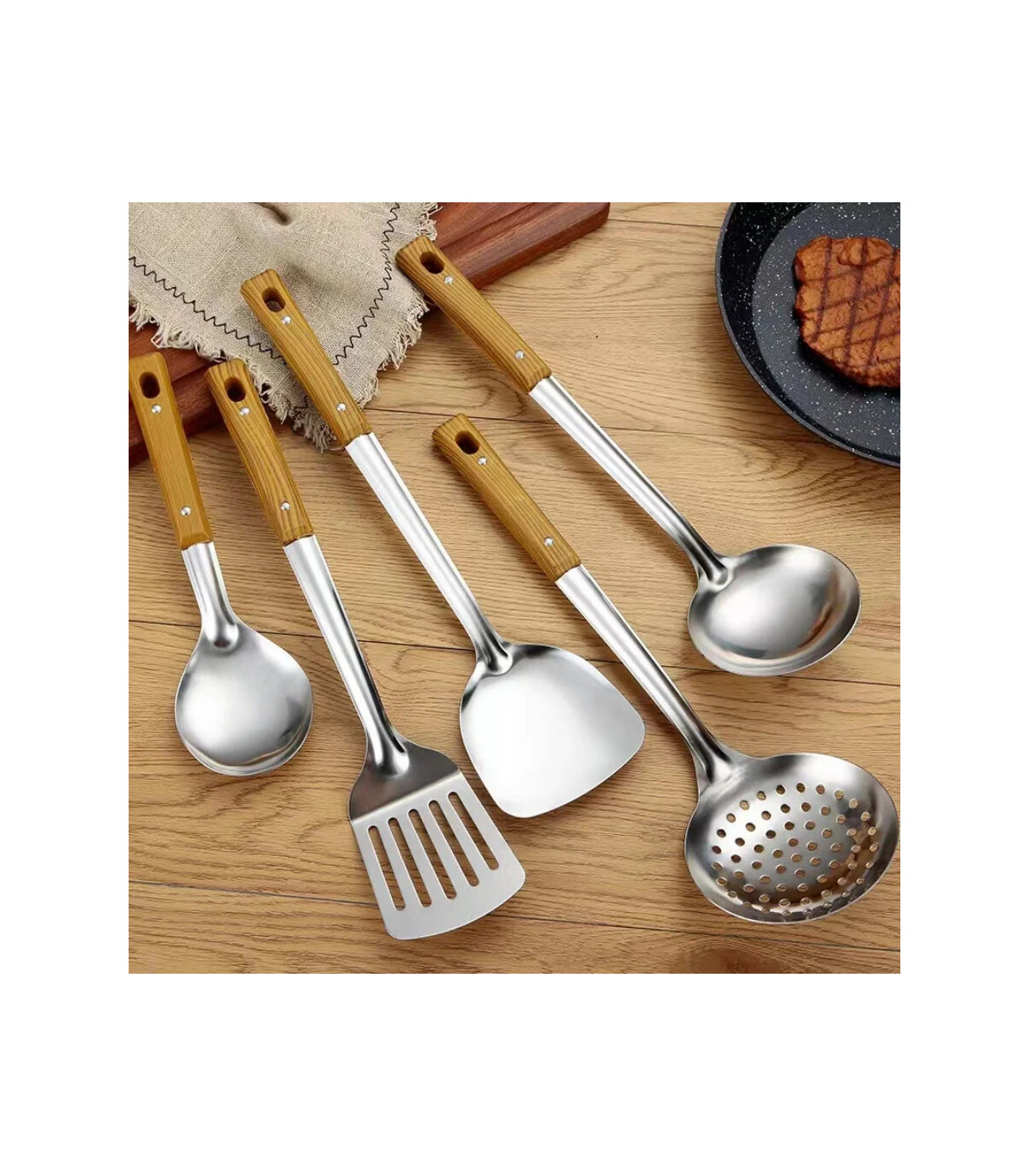 [Spoon] Ensemble de spatule de cuisine en acier inoxydable, manche brûlant, cuillère, passoire,