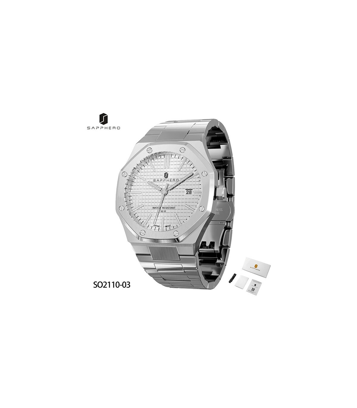 [SO2110-03 Non] SAPPHERO montre pour hommes, bracelet en acier inoxydable, conception résistant