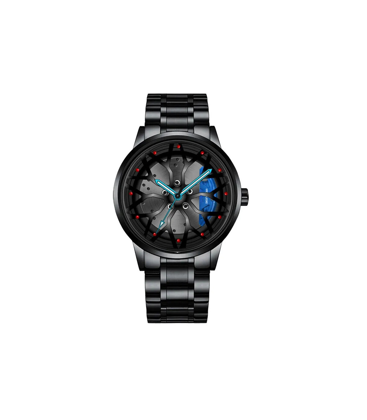 [Black Blue] Montres de roue de voiture en acier inoxydable pour hommes, montre-bracelet à quar