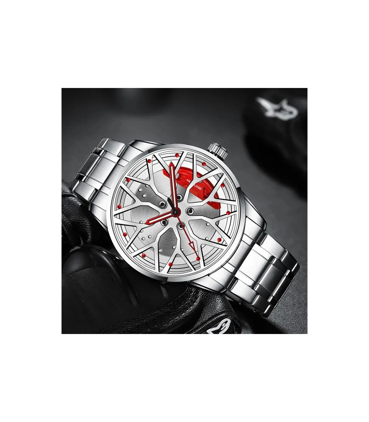 [Black Blue] Montres de roue de voiture en acier inoxydable pour hommes, montre-bracelet à quar