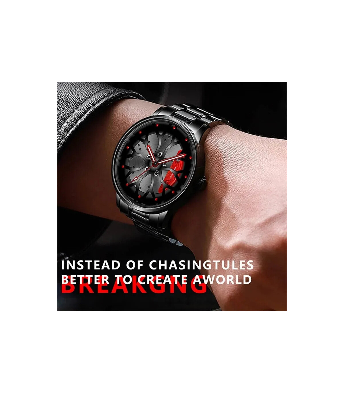 [Silver Red] Montres de roue de voiture en acier inoxydable pour hommes, montre-bracelet à quar