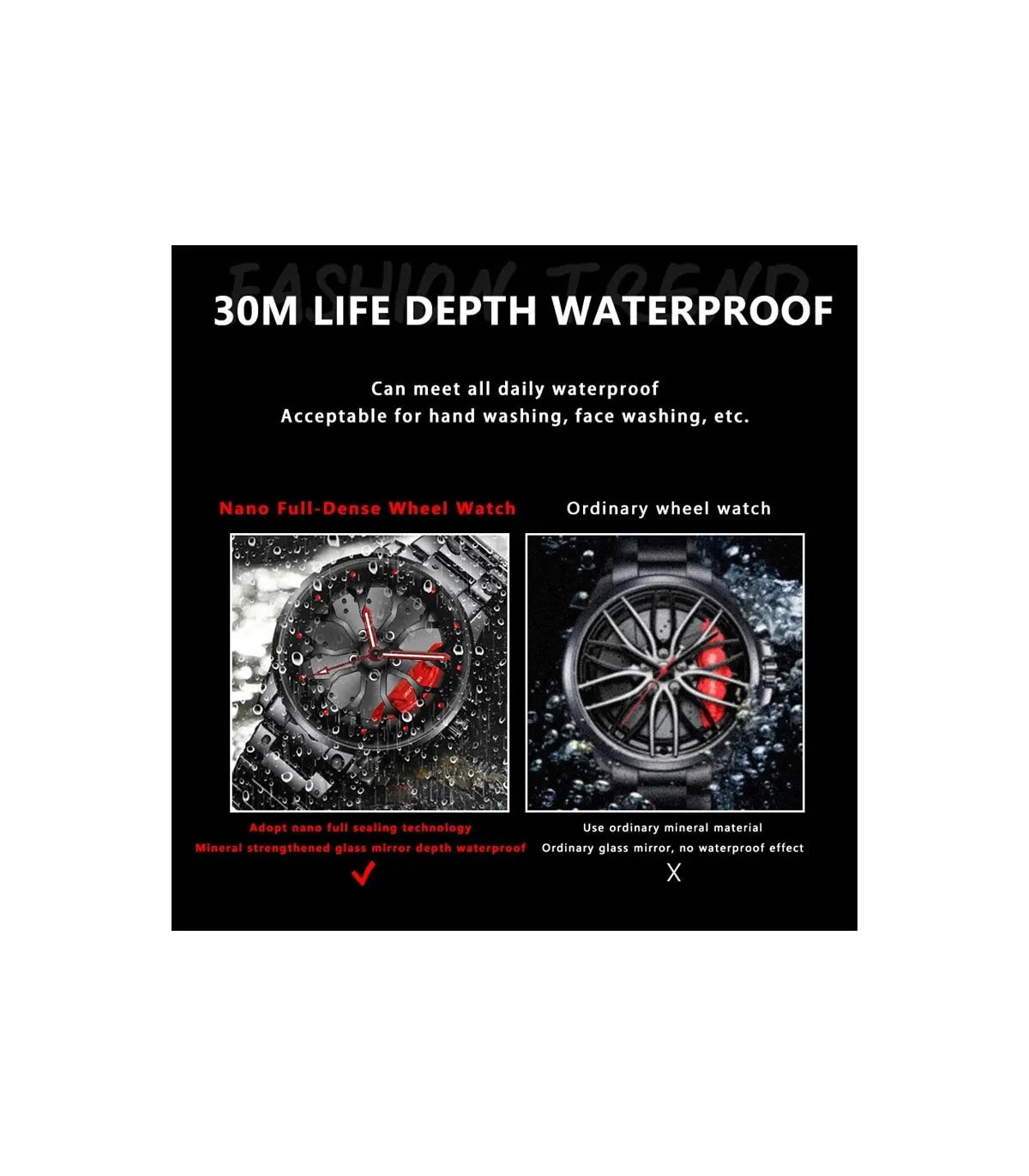 [Black Red] Montres de roue de voiture en acier inoxydable pour hommes, montre-bracelet à quart