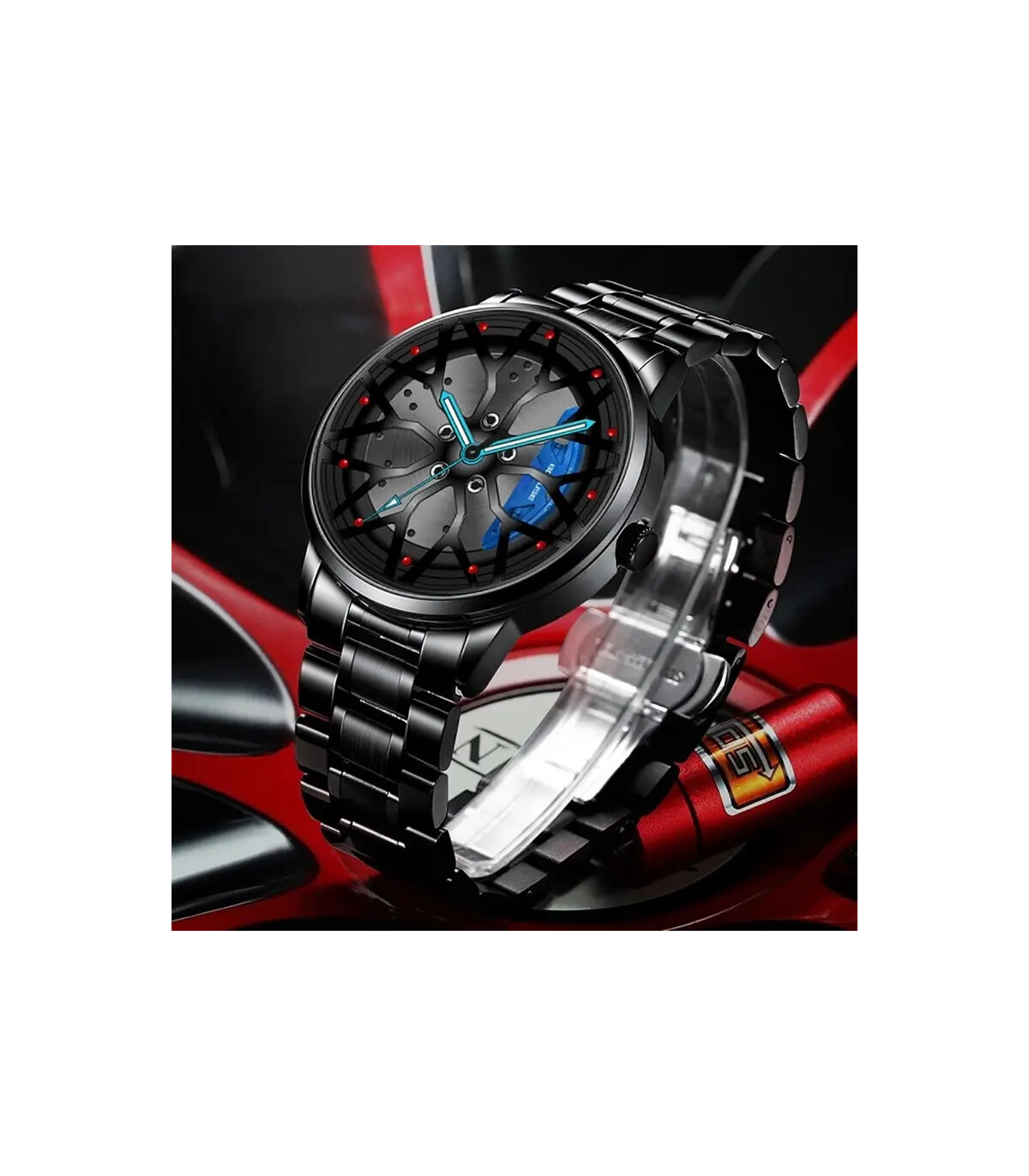 [Black Black] Montres de roue de voiture en acier inoxydable pour hommes, montre-bracelet à qua