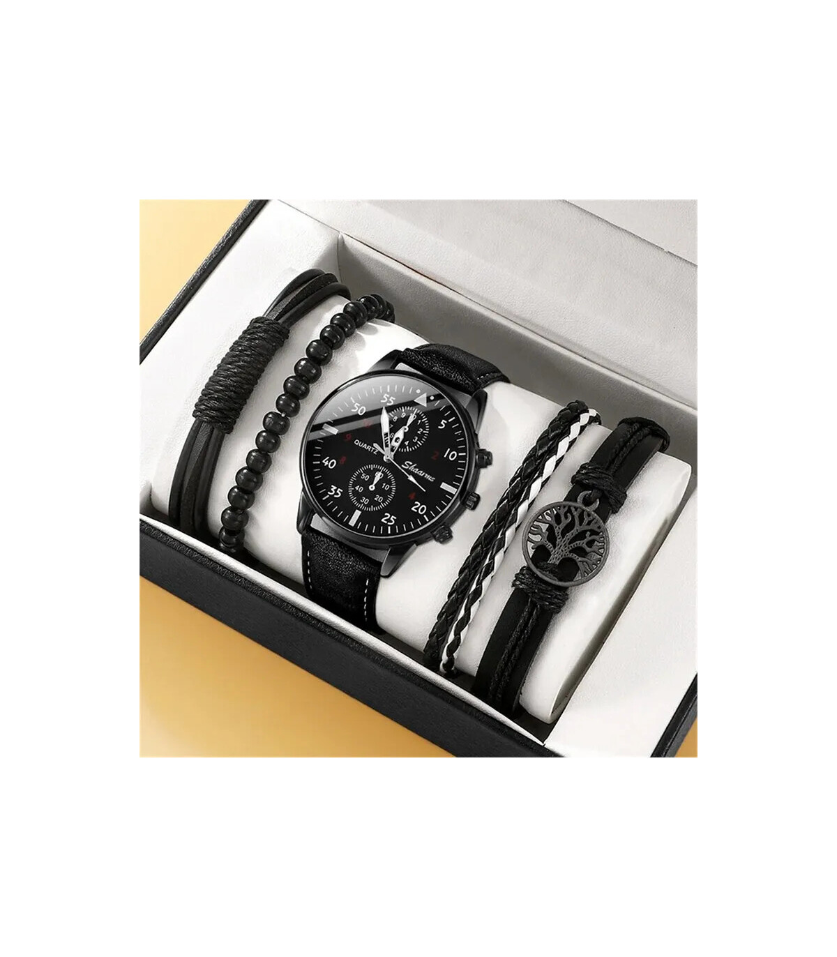 [BROWN] Nouveau Hommes Montre De Luxe Bracelet Ensemble Mode D\'affaires Brun En Cuir Quartz Mon