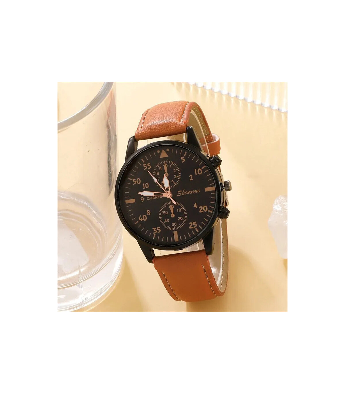 [BROWN] Nouveau Hommes Montre De Luxe Bracelet Ensemble Mode D\'affaires Brun En Cuir Quartz Mon