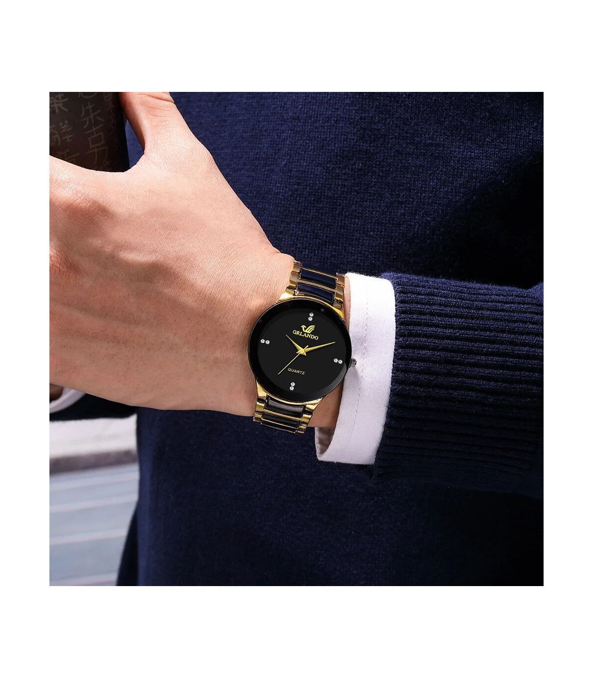 [HS] Montre d\'affaires à quartz en acier pour hommes, cadran noir, offre spéciale