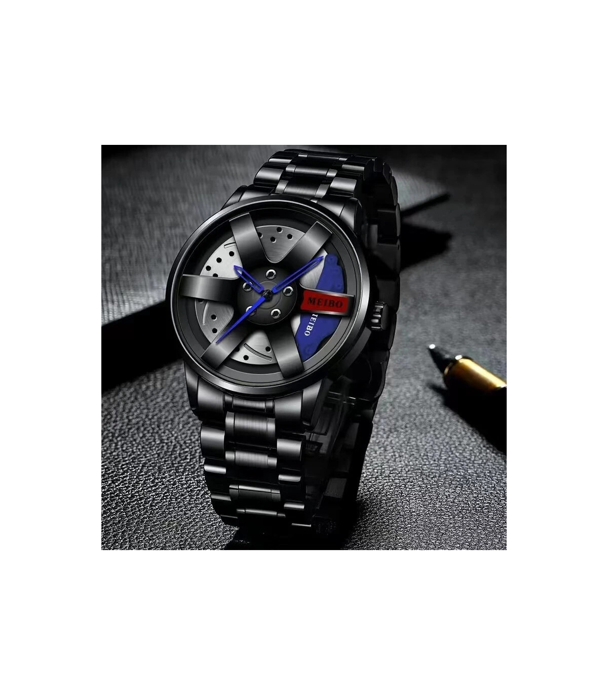 [Blue] Mode hommes voiture roue montres de luxe en acier inoxydable montre étanche pour hommes 
