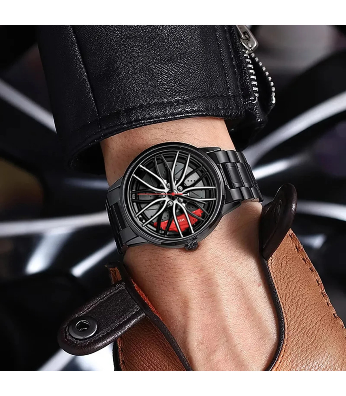 [Black D] Montres de voiture pour hommes, montre-bracelet à Quartz étanche en acier inoxydable,