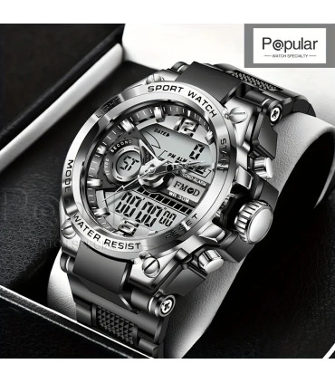 [Black gold] Montre-bracelet militaire numérique en acier pour hommes, horloge à Quartz LED, mo