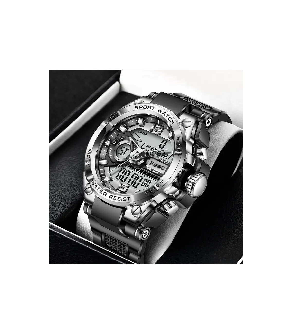 [Silver black] Montre-bracelet militaire numérique en acier pour hommes, horloge à Quartz LED, 