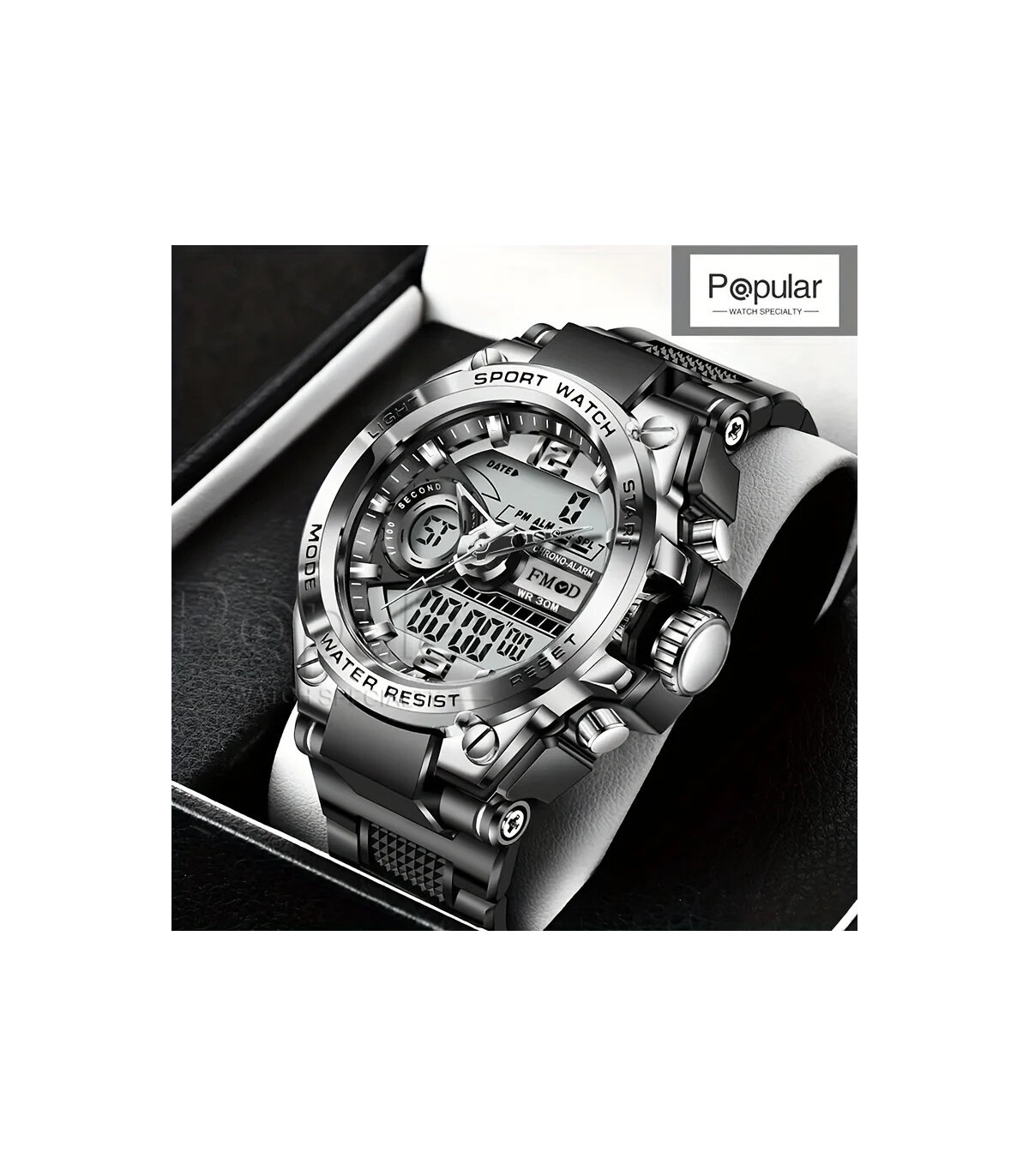 [Silver black] Montre-bracelet militaire numérique en acier pour hommes, horloge à Quartz LED, 