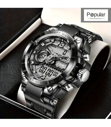 [Silver black] Montre-bracelet militaire numérique en acier pour hommes, horloge à Quartz LED, 