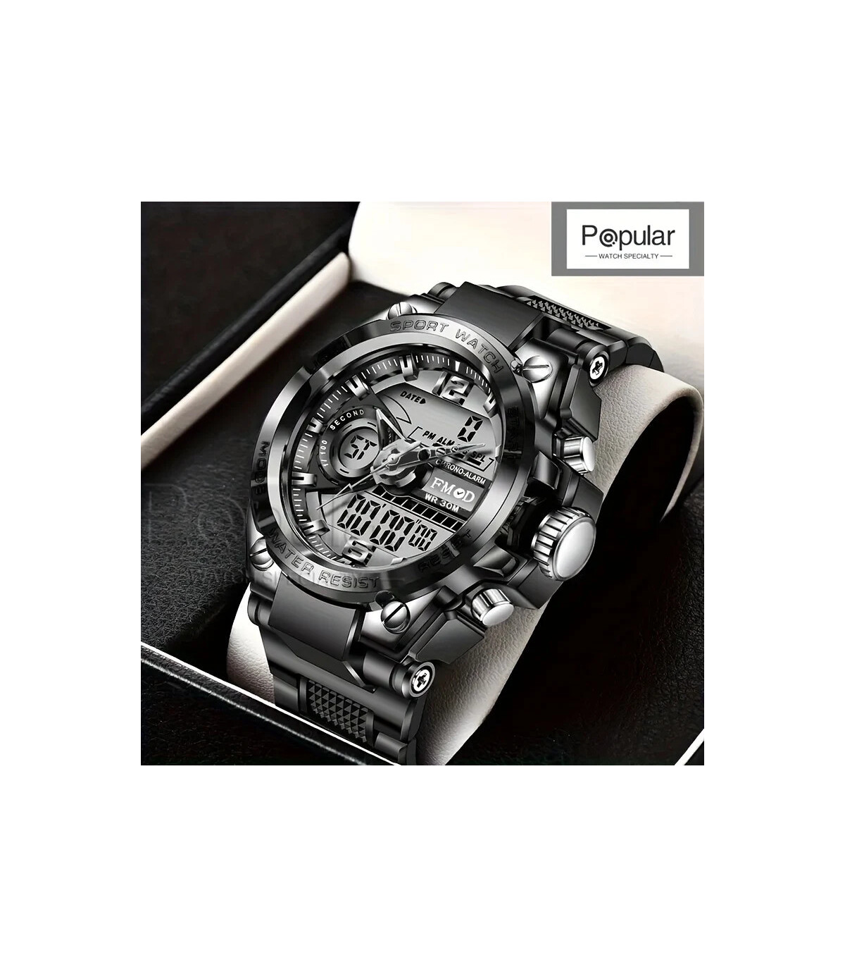 [Silver black] Montre-bracelet militaire numérique en acier pour hommes, horloge à Quartz LED, 