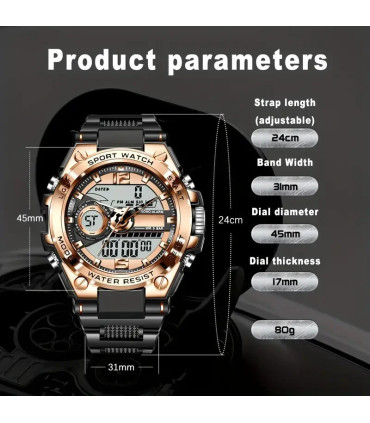 [All black] Montre-bracelet militaire numérique en acier pour hommes, horloge à Quartz LED, mon