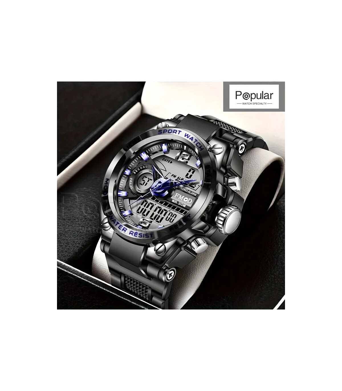 [All black] Montre-bracelet militaire numérique en acier pour hommes, horloge à Quartz LED, mon