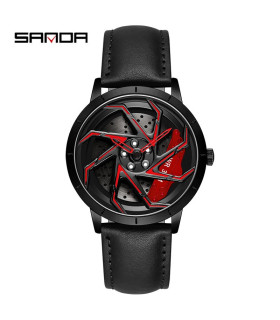 [Leather Black Red] SANDA-Montre de sport étanche en acier inoxydable pour homme, jante de voit