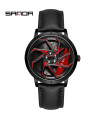 AKIMANIA.FR - [Leather Black Red] SANDA - Orologio sportivo impermeabile in acciaio inossidabile per uomo, ghiera dell'auto.