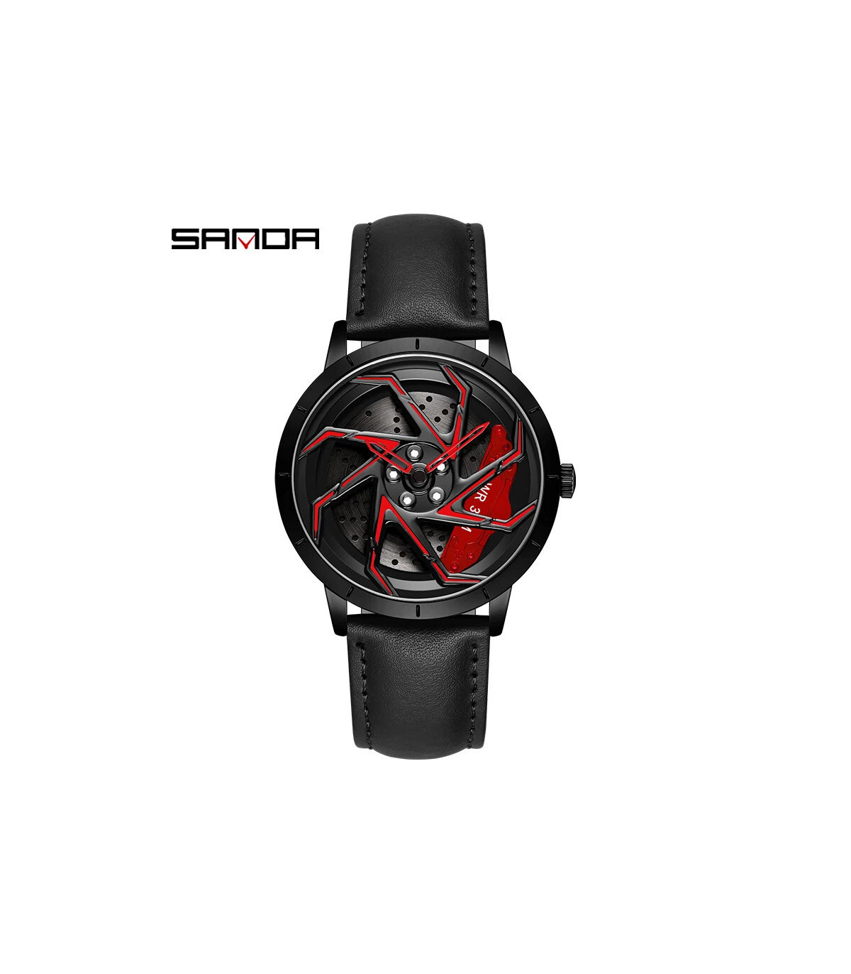 [Leather Black Red] SANDA-Montre de sport étanche en acier inoxydable pour homme, jante de voit