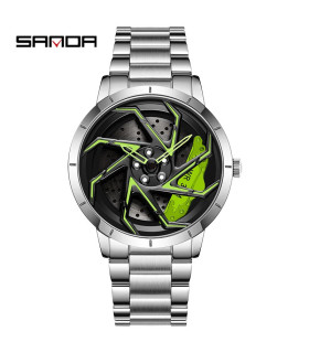 [Steel Silver Green] SANDA-Montre de sport étanche en acier inoxydable pour homme, jante de voi