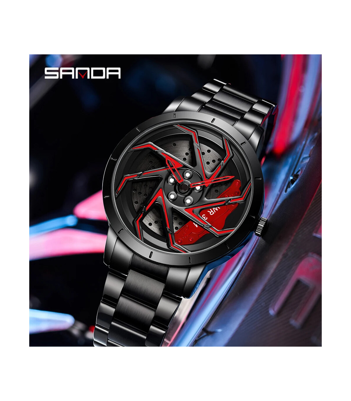 [Steel Silver Green] SANDA-Montre de sport étanche en acier inoxydable pour homme, jante de voi