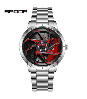 [Steel Silver Red] SANDA-Montre de sport étanche en acier inoxydable pour homme, jante de voitu