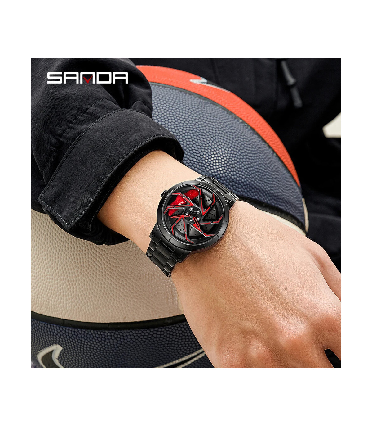 [Steel Silver Red] SANDA-Montre de sport étanche en acier inoxydable pour homme, jante de voitu
