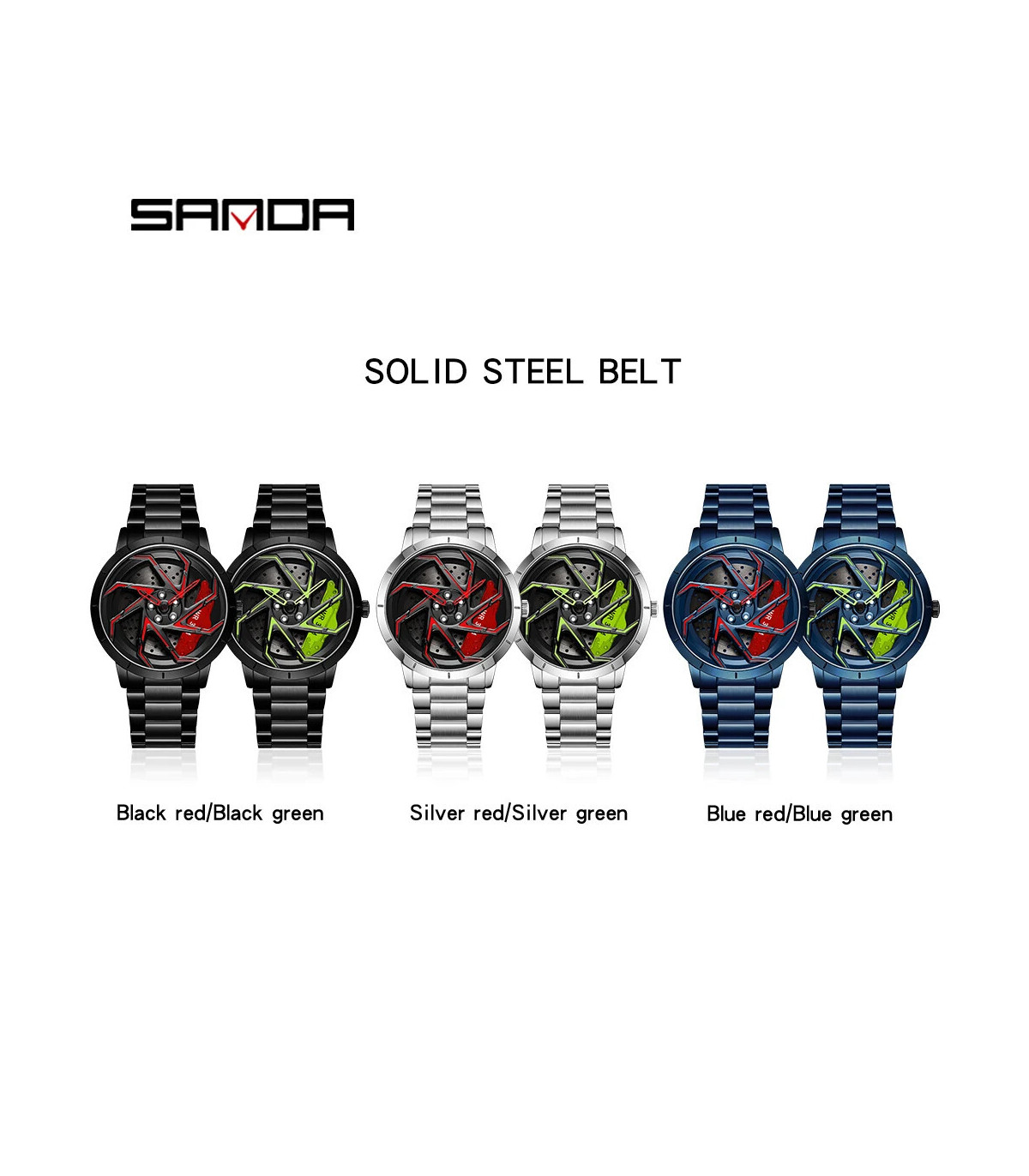 [Leather Silver Green] SANDA-Montre de sport étanche en acier inoxydable pour homme, jante de v