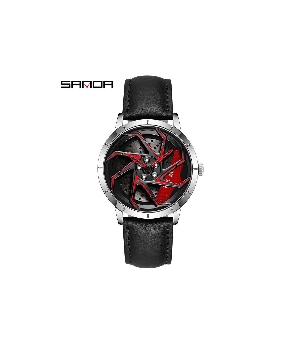 [Leather Silver Red] SANDA-Montre de sport étanche en acier inoxydable pour homme, jante de voi