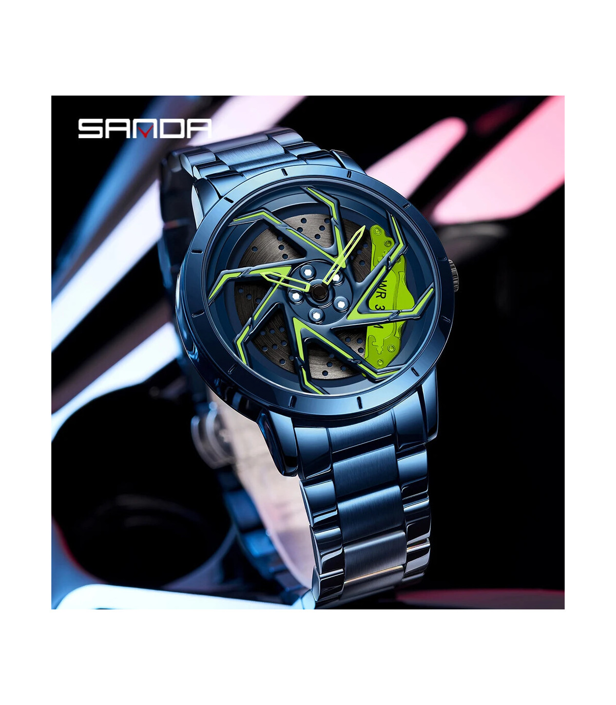 [Steel Blue Green] SANDA-Montre de sport étanche en acier inoxydable pour homme, jante de voitu