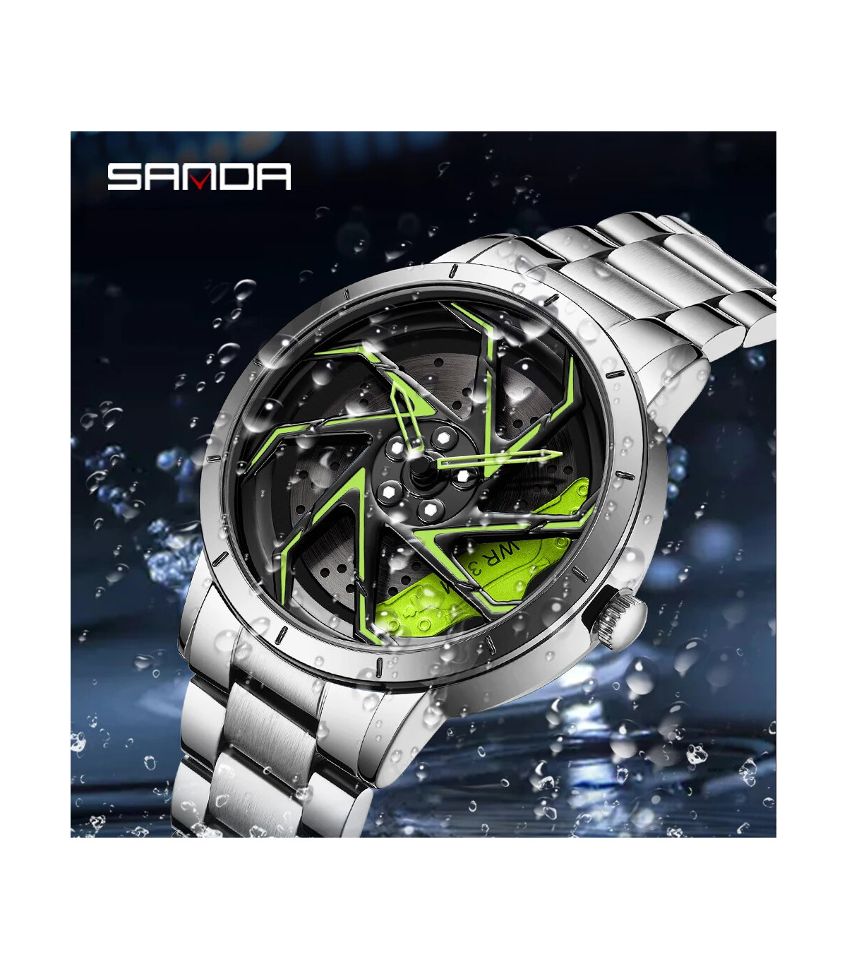 [Steel Blue Green] SANDA-Montre de sport étanche en acier inoxydable pour homme, jante de voitu