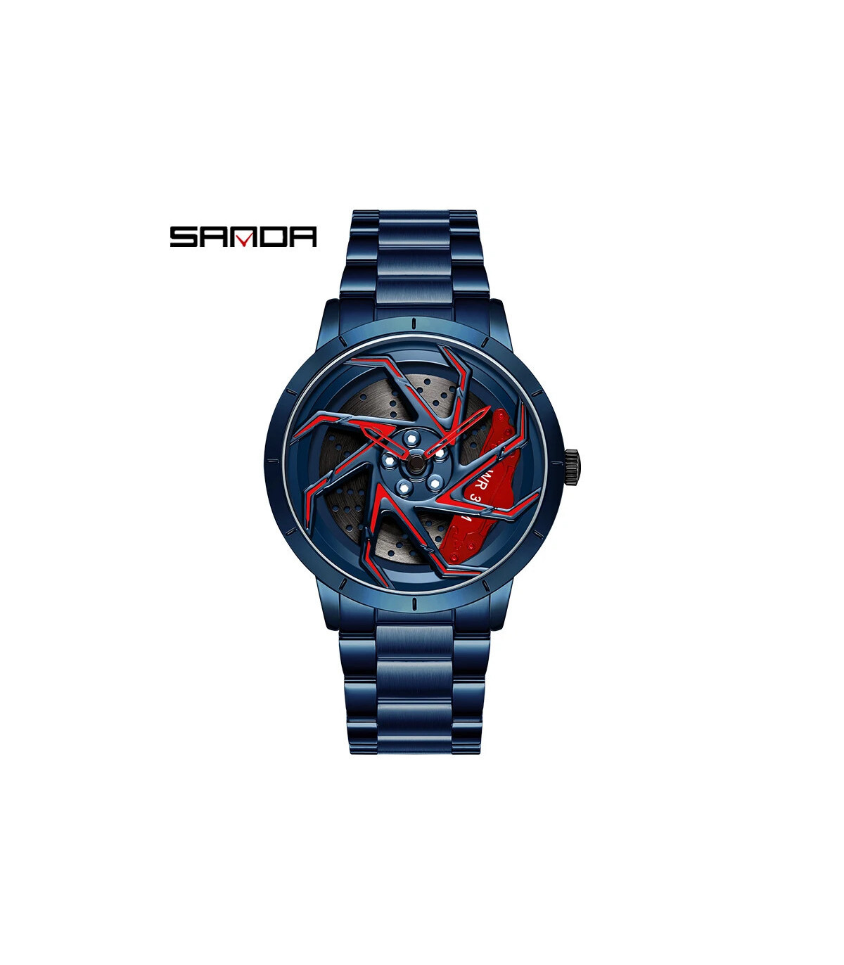 [Steel Blue Red] SANDA-Montre de sport étanche en acier inoxydable pour homme, jante de voiture